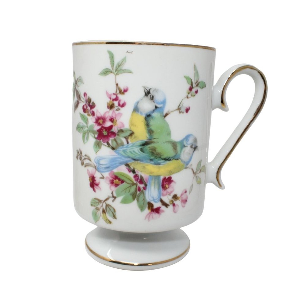 Vintage Royal Crown Pedestal Coffee Tea Mug Cup Songbirds On Flowering Branch